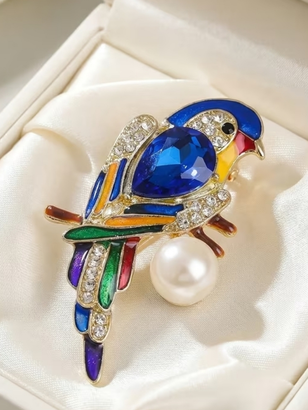 Multicolor Parrot Brooch Pin with Faux Pearl Accent